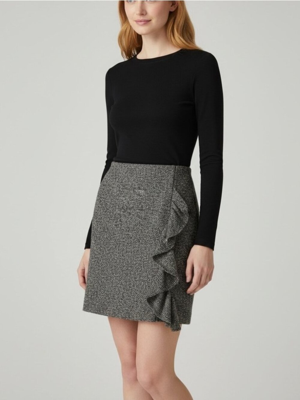 Beyond Threads Alpaca Wool Ruffle Pencil Skirt Brown Tweed XS Made in Peru